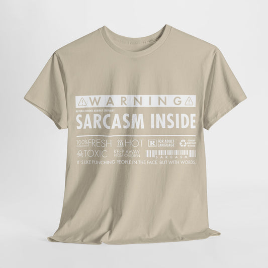 Luxe Sarcasm Inside Graphic T-Shirt in sand colour, featuring a bold warning label design with oversized text stating 'SARCASM INSIDE', perfect for adding a touch of elegance to your wardrobe.