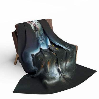 Chic presentation of the Decorative and Warm Halloween Spooky Arctic Fleece Blanket on a stylish chair, providing a perfect blend of comfort and festive style.