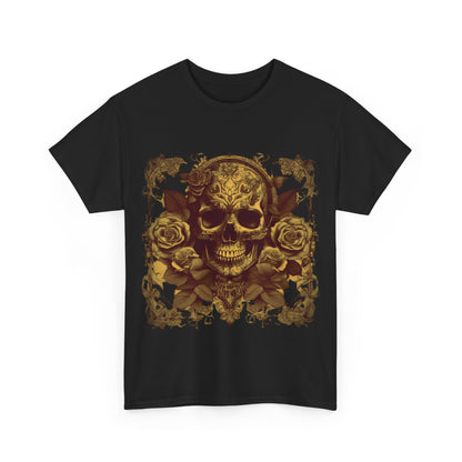 Luxurious Skulls and Roses Cotton Tee featuring a striking skull design surrounded by elegant roses, perfect for making a bold fashion statement.