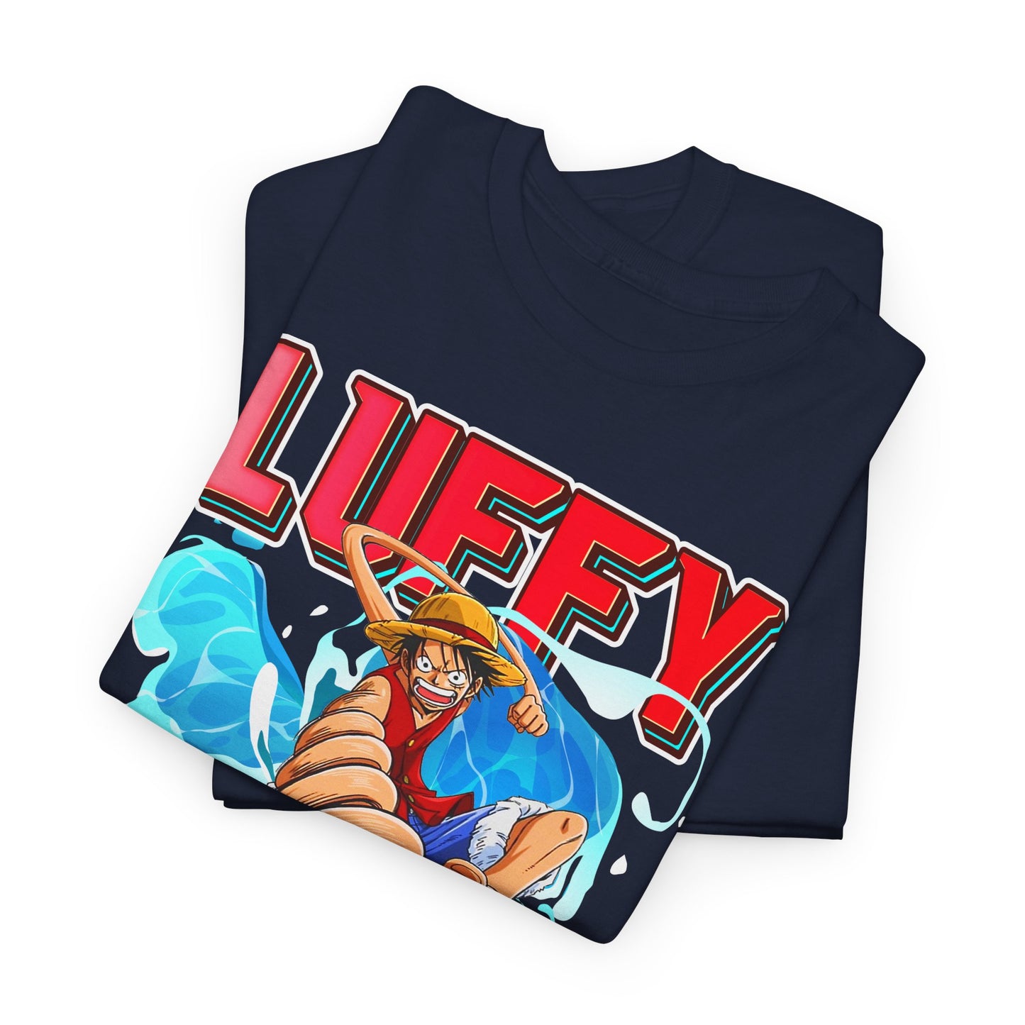Artfully folded navy t-shirts featuring striking Luffy artwork, designed with attention to aesthetics for the contemporary wardrobe enthusiast.