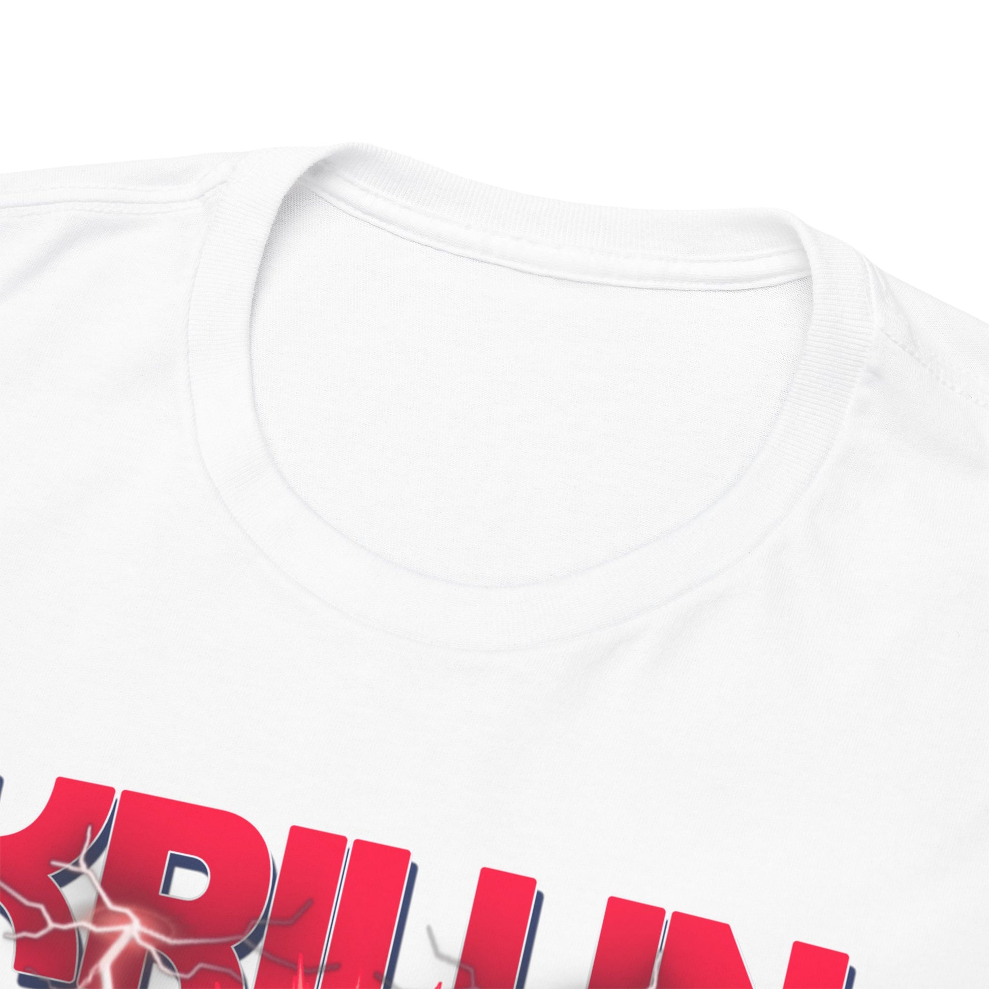 Close-up of a premium white T-shirt neckline, featuring bold lettering for the character Krillin from Dragon Ball Z, exuding quality craftsmanship.