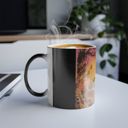 Discworld Soul Music Heat Change Coffee Mug showcased with steam rising from hot beverage, highlighting its luxurious ceramic design and unique heat-reactive transformation. Perfect for imaginative coffee lovers.