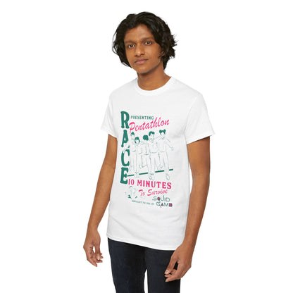 Stylish model showcasing a Squid Game-inspired unisex graphic tee, featuring a unique design that combines elements of art and fashion, perfect for fans of contemporary culture.