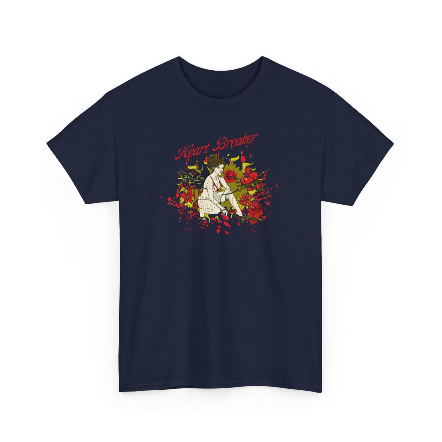 Luxurious navy men's t-shirt featuring a heartbreaker graphic design with roses and a vintage pin-up style illustration, perfect for adding an enchanting touch to casual attire.