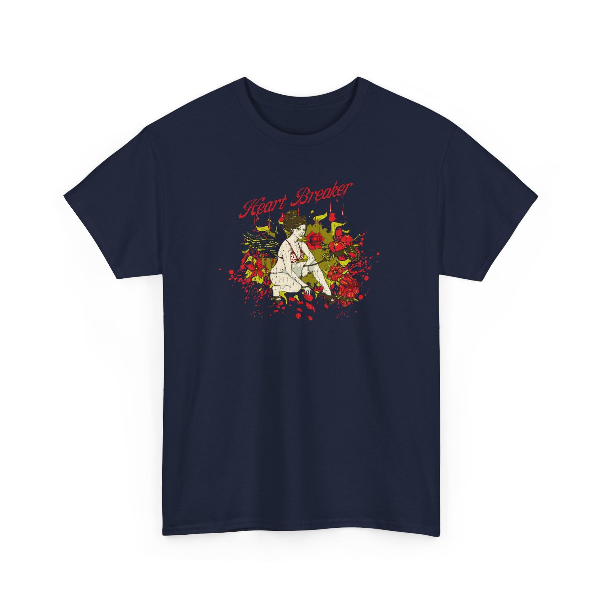 Luxurious navy men's t-shirt featuring a heartbreaker graphic design with roses and a vintage pin-up style illustration, perfect for adding an enchanting touch to casual attire.