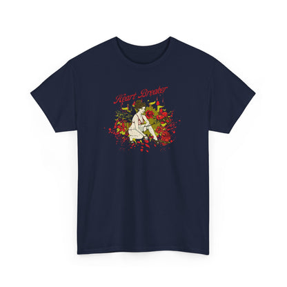 Luxurious navy men's t-shirt featuring a heartbreaker graphic design with roses and a vintage pin-up style illustration, perfect for adding an enchanting touch to casual attire.