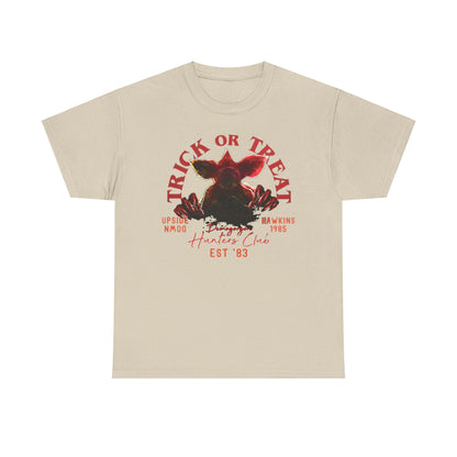 Stylish unisex t-shirt showcasing an eye-catching Demogorgon illustration with bold lettering that reads 'TRICK OR TREAT,' capturing the essence of Stranger Things and ideal for casual or themed events.