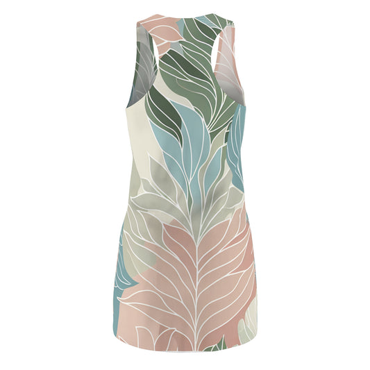 Close-up of the Pastel Palette Racerback Dress illustrating delicate maple and fern leaf patterns for a trendy, nature-inspired look.