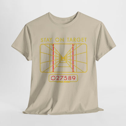 Stay On Target Star Wars Funny Graphic Unisex T-Shirt, featuring a striking yellow targeting grid design with red accents and the code O27589, perfect for fans seeking a stylish and humorous tribute to the iconic Star Wars franchise.