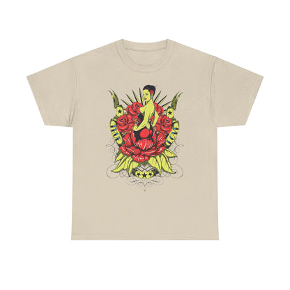 Refined beige t-shirt displaying a striking tattoo-style pin-up illustration surrounded by beautiful roses and ornate details, a perfect addition for luxury-style enthusiasts.