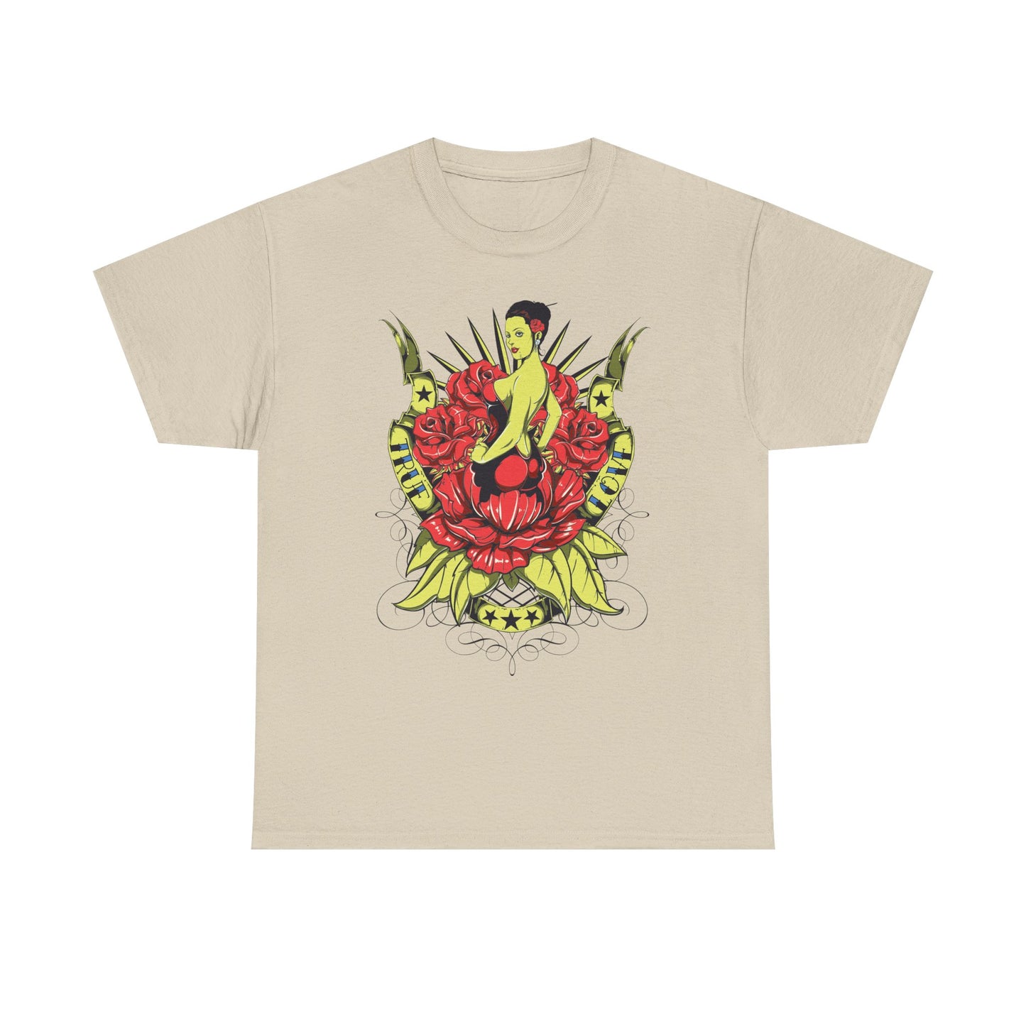 Chic beige men's t-shirt adorned with a captivating tattoo-style illustration of a pin-up girl and radiant red roses, a stylish choice for sophisticated attire.