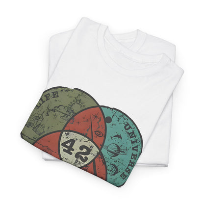 Premium quality white tee elegantly folded, displaying a vintage graphic of '42' surrounded by artistic representations of Life, Universe, and Everything in soft, muted colours.