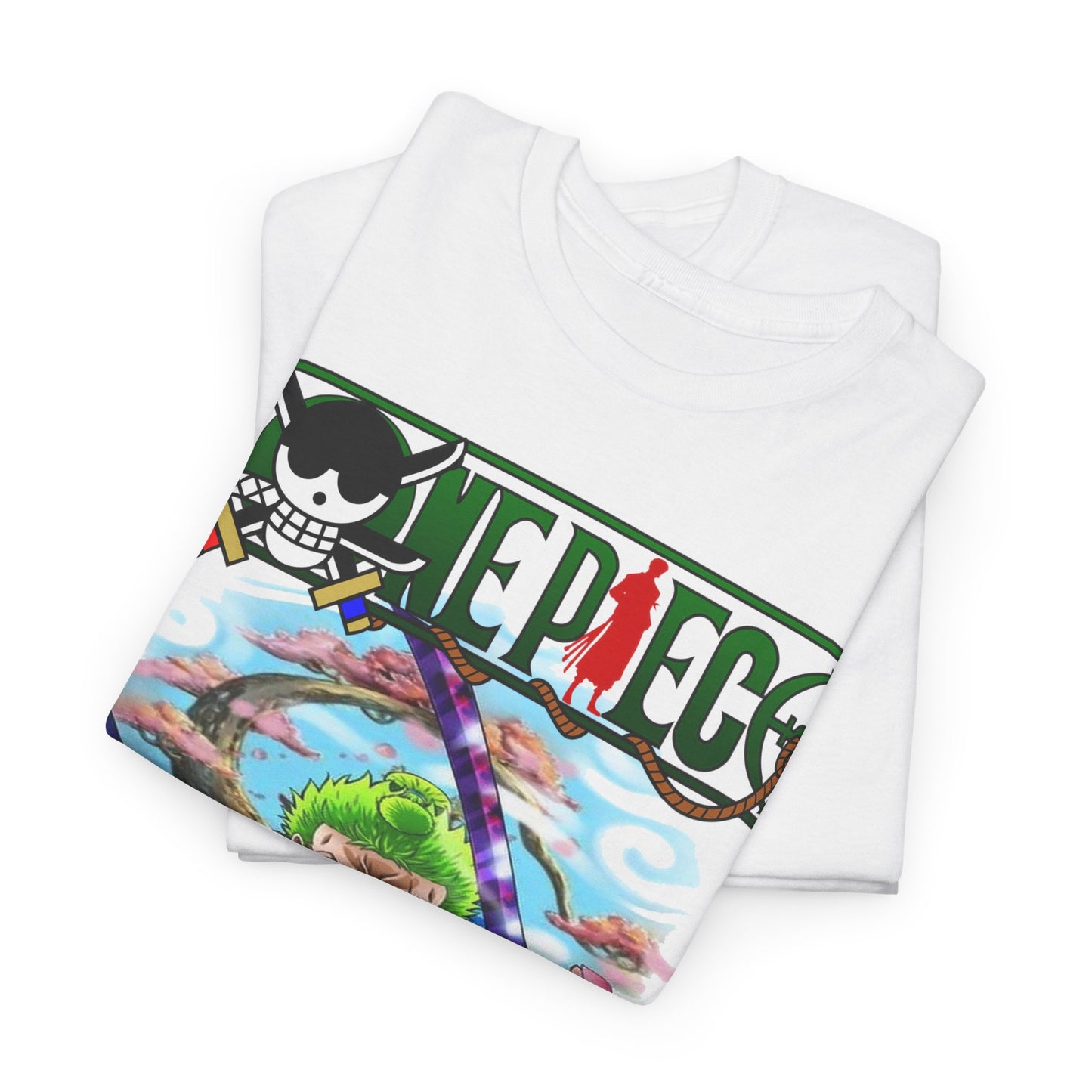 Luxury Roronoa Zoro graphic t-shirt featuring vibrant anime artwork, showcasing dynamic design with striking colours and intricate details, perfect for expressing pirate style.