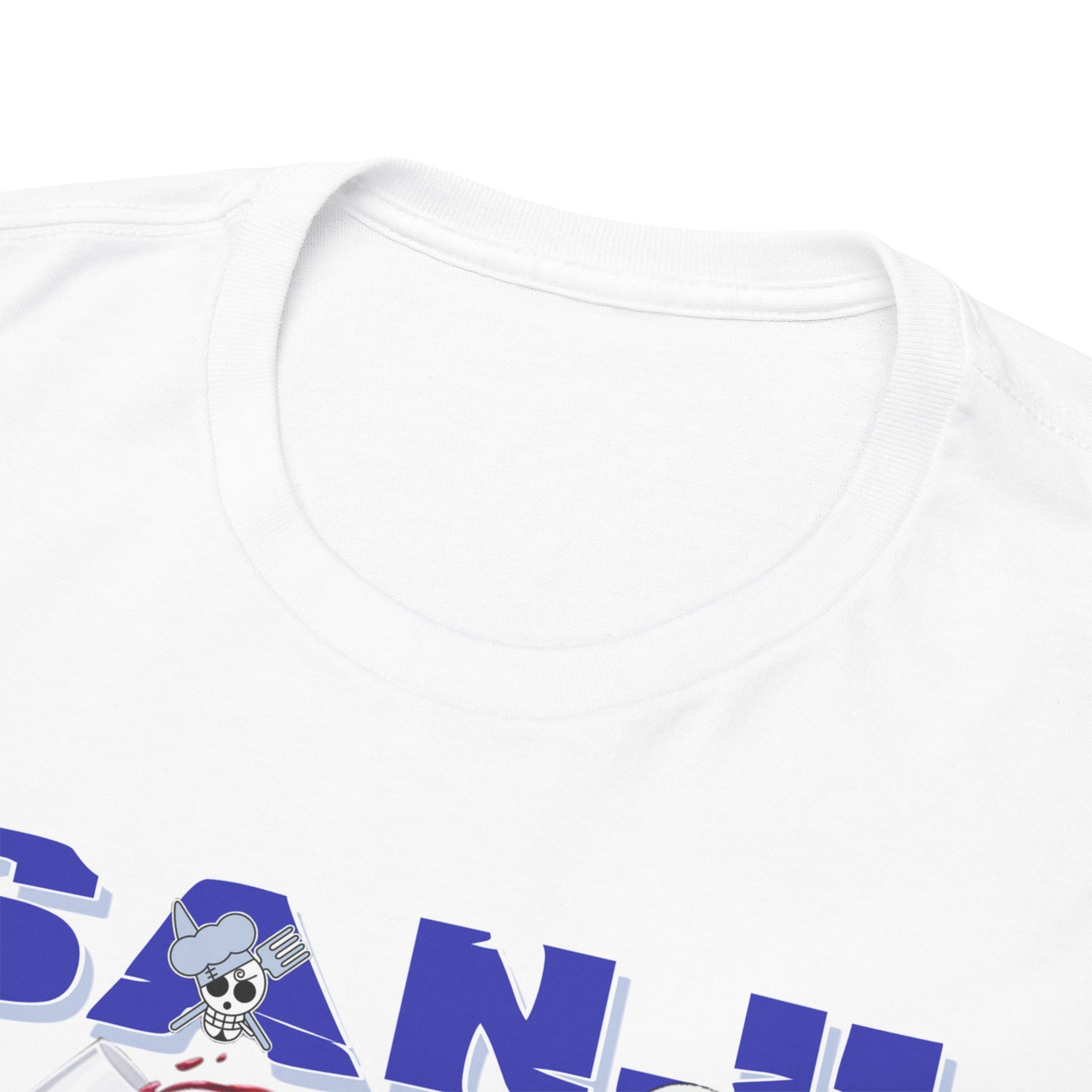 Close-up of a premium white t-shirt neckline, showcasing the intricate Sanji anime design with stylish typography, perfect for anime enthusiasts.