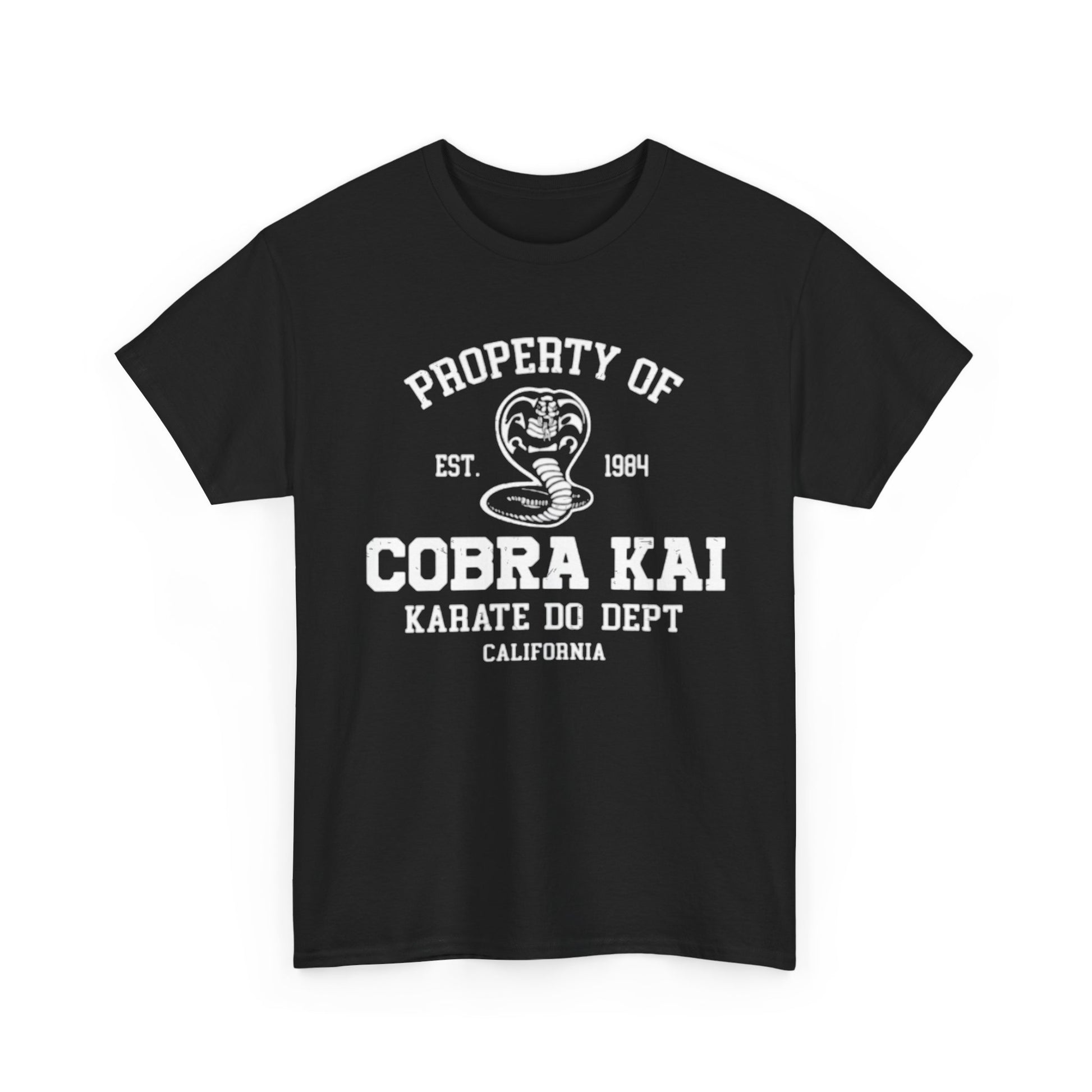 An upscale black Cobra Kai T-shirt featuring the classic design with the snake emblem and 'Property of Cobra Kai, Karate Do Dept, California', ideal for stylish fans of the series.