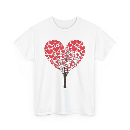 Valentines Day Lovers Gift Mens Womens Graphic T-Shirt displaying a charming design of a heart-shaped tree made up of red hearts, ideal for celebrating romance.