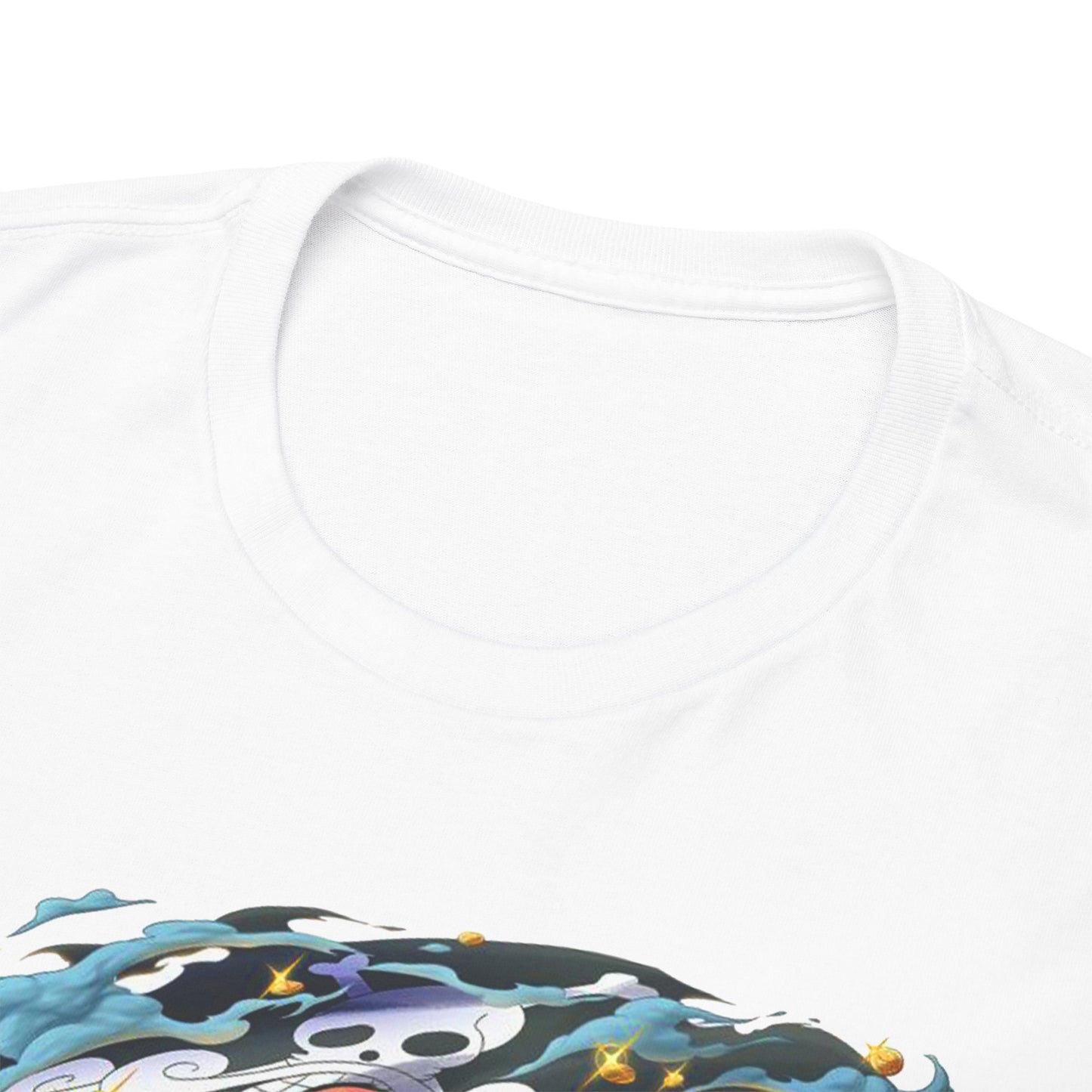Close-up of a white t-shirt neckline, featuring subtle stitching and a captivating anime design, showcasing quality and comfort for discerning collectors.