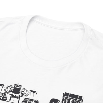 Close-up view of the neckline of a premium white t-shirt, showcasing a soft collar design, perfect for motorsport enthusiasts.