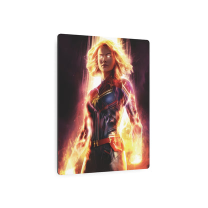 Artistic view of Captain Marvel Metal Art Poster emphasising the vibrant design and premium matte aluminium finish in a contemporary display.