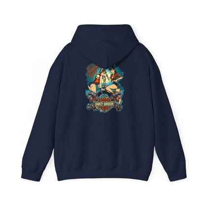 Sophisticated navy vintage garage hoodie displaying retro motorcycle artwork on the back, combining style and comfort.