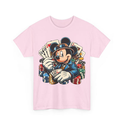 Front view of the Mickey Mouse Poker Graphic Tee, featuring playful casino-themed artwork with Mickey Mouse portrayed as a suave poker player against a vibrant backdrop.