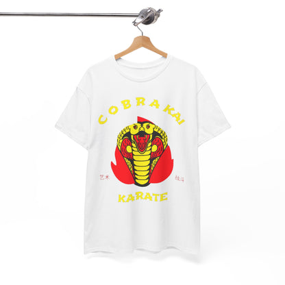 Stylishly displayed white graphic t-shirt on a wooden hanger, showcasing the Cobra Kai emblem in vibrant colours, ideal for casual wear.