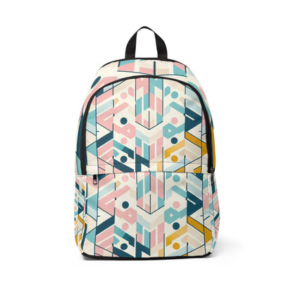 Dazzling Dreams Studio Pastel Geometric Backpack showcasing a luxurious blend of soft pink, blue, yellow, and green colours under natural lighting.