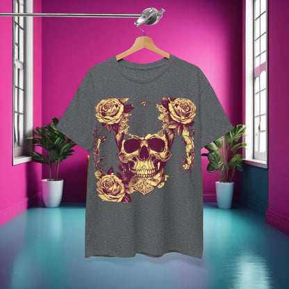 Skulls and Roses Cotton Tee displayed in a stylish interior, showcasing a bold graphic design featuring intricate skulls and roses, ideal for alternative fashion enthusiasts looking for a unique unisex graphic shirt.