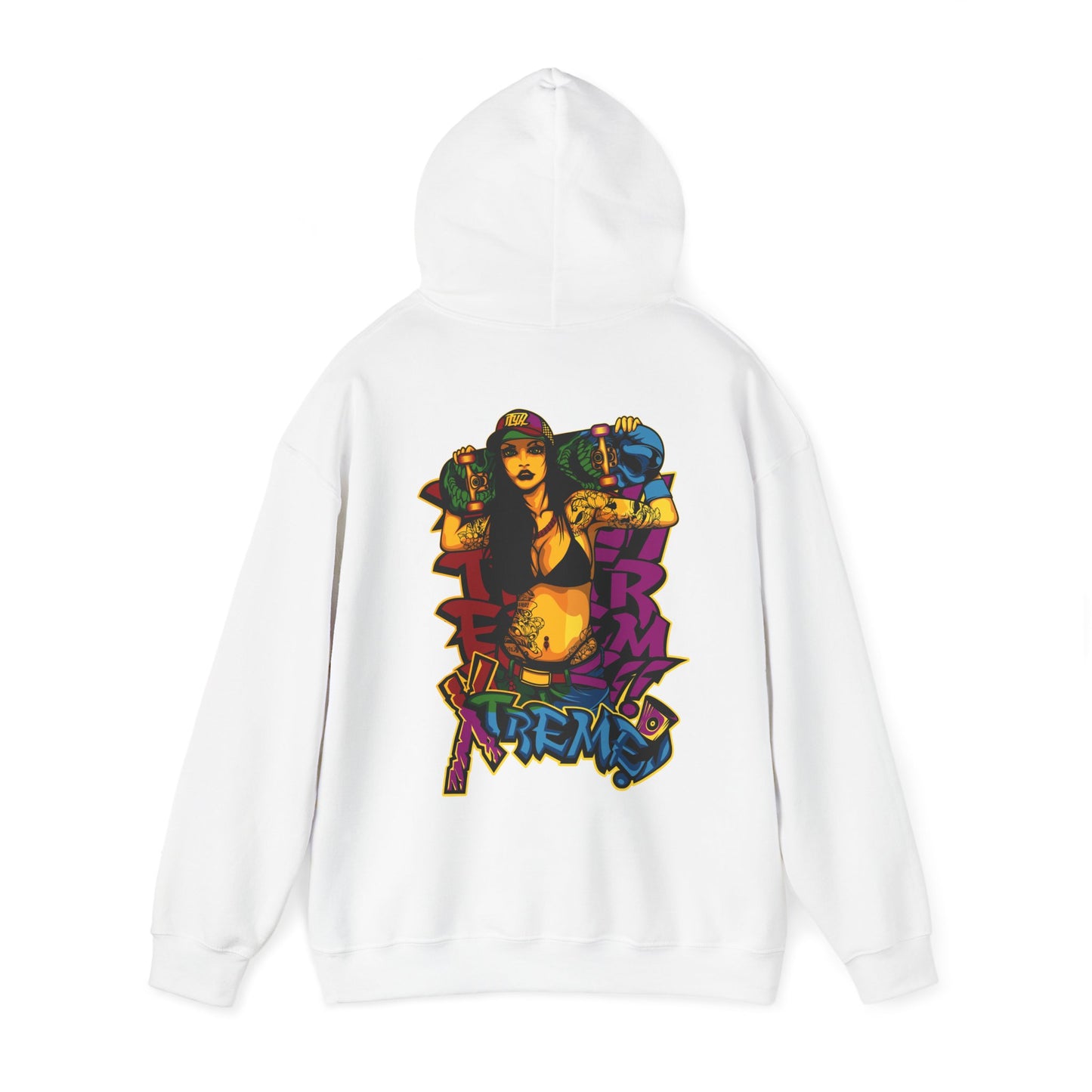 Stylish white hoodie showcasing a striking skateboarder graphic with a vibrant colour palette, exemplifying modern streetwear sophistication.