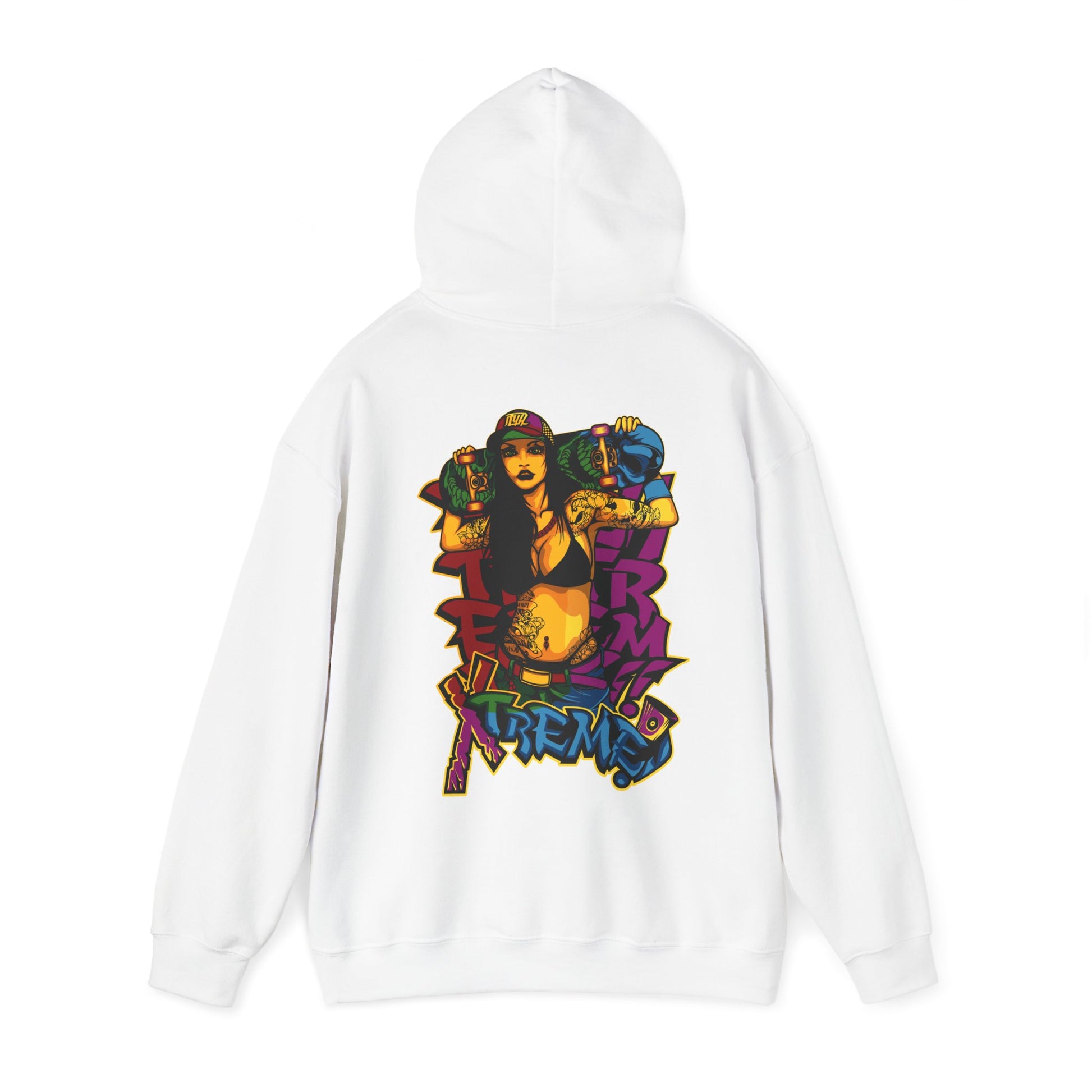 Stylish white hoodie showcasing a striking skateboarder graphic with a vibrant colour palette, exemplifying modern streetwear sophistication.