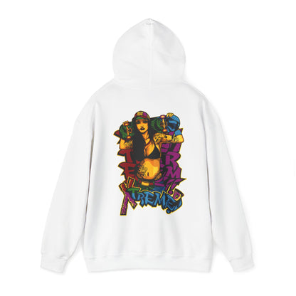 Stylish white hoodie showcasing a striking skateboarder graphic with a vibrant colour palette, exemplifying modern streetwear sophistication.