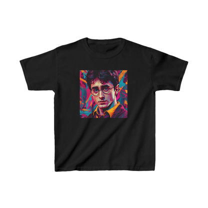 Kids Harry Potter Heavy Cotton Tee in black showcasing a stunning and colourful design, ideal for aspiring young wizards and witches.