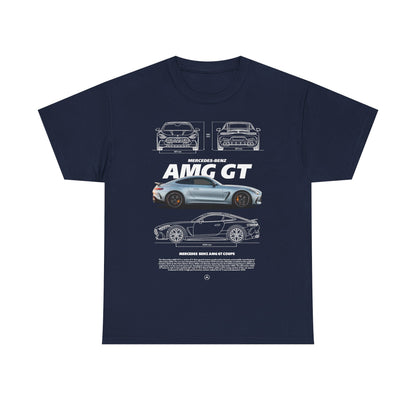 Classy navy blue men's t-shirt displaying a captivating Mercedes-AMG GT illustration, complete with numerous line drawings and distinguished branding for a stylish look.
