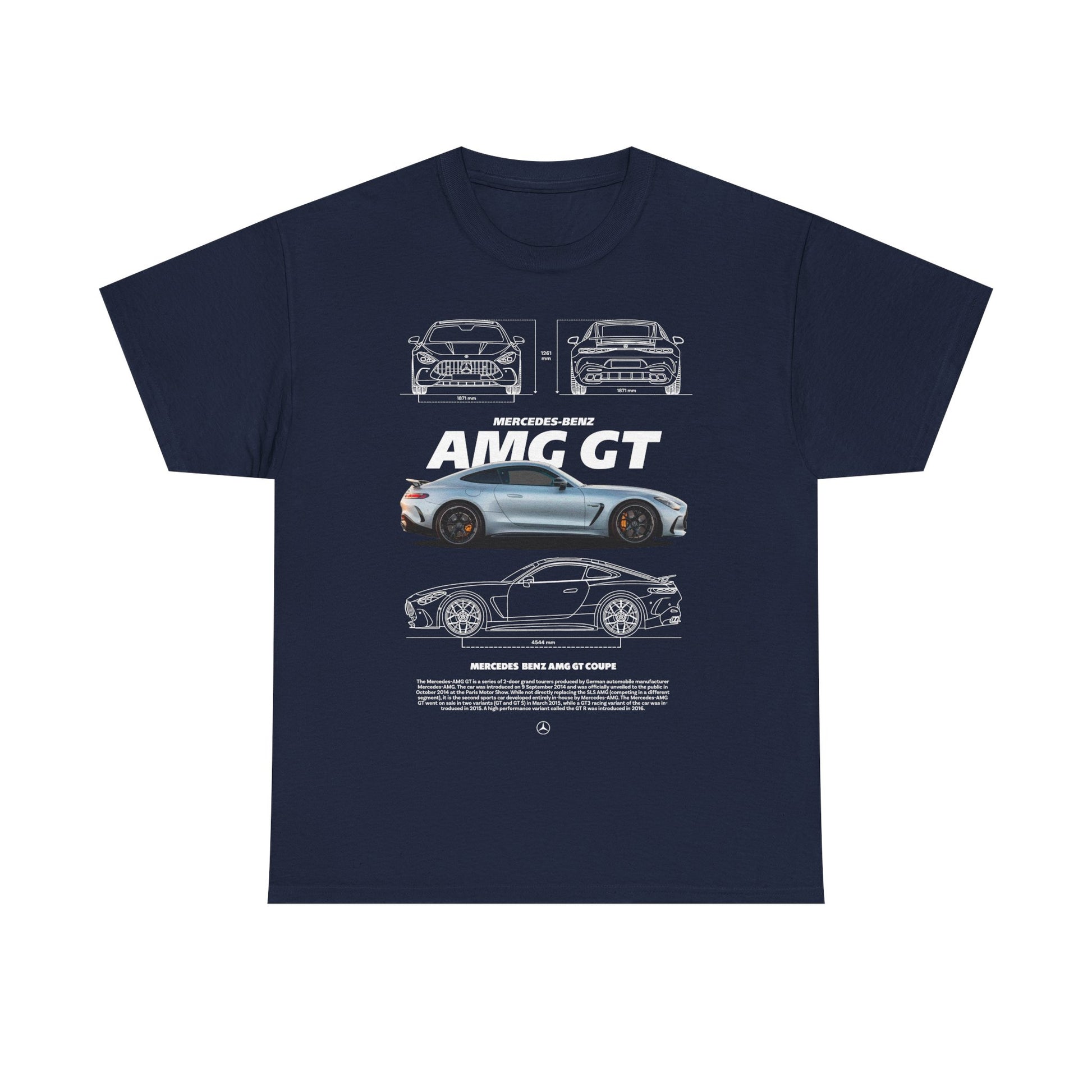 Navy blue men's T-shirt featuring an intricate print of the Mercedes-Benz AMG GT, blending automotive elegance with modern fashion.