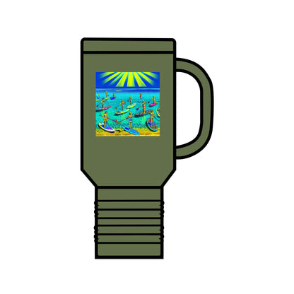 Fantasy Paddleboarding Insulated Travel Mug in green, featuring vibrant paddleboarding artwork under a sunlit sky. Perfect for luxury travel.