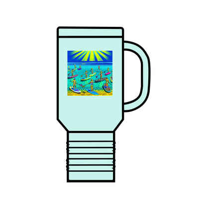 Fantasy Paddleboarding Insulated Travel Mug in light blue, highlighting exquisite paddleboarding art, ideal for stylish travel and outdoor adventures.