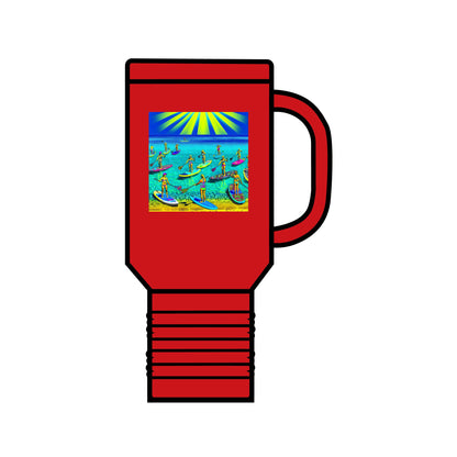 Fantasy Paddleboarding Insulated Travel Mug in red, adorned with bright paddleboarding imagery, perfect for keeping beverages hot or cold in style.