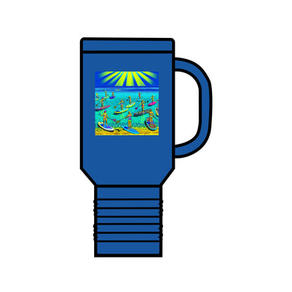 Fantasy Paddleboarding Insulated Travel Mug in blue, featuring a stunning paddleboarding scene, designed for those who appreciate luxury and functionality.