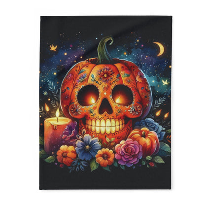 Luxurious Decorative and Warm Halloween Spooky Arctic Fleece Blanket featuring a vibrant sugar skull pumpkin design surrounded by colourful flowers and a candle, perfect for adding charm to your Halloween decor.