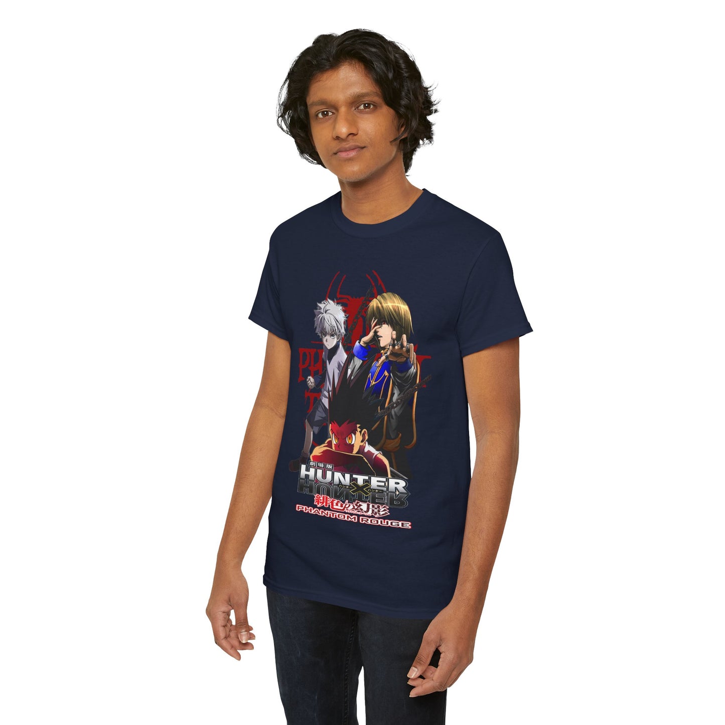 Model showcasing a refined navy T-shirt featuring eye-catching Hunter x Hunter artwork, designed for anime collectors seeking a touch of elegance in their wardrobe.