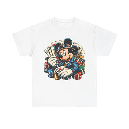 Mickey Mouse Poker Graphic Tee - Chic graphic tee showcasing Mickey Mouse holding poker cards against a backdrop of rich poker chips, a must-have for casual luxury wear.