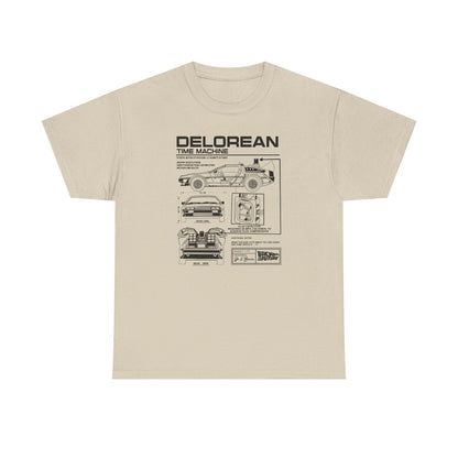 Chic beige t-shirt featuring a comprehensive design of the DeLorean blueprint, highlighting its technical aspects and artistic charm, ideal for those who appreciate vintage cinema style.