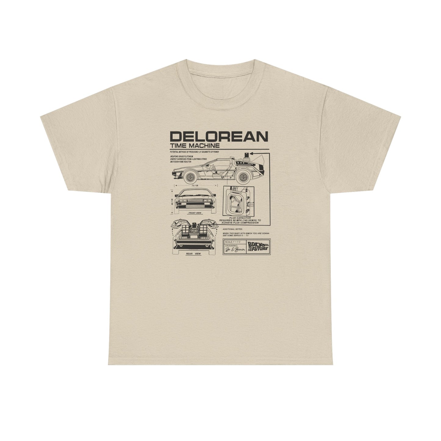 Luxurious beige t-shirt adorned with a meticulously crafted blueprint of the DeLorean time machine, highlighting intricate designs and technical specifications.
