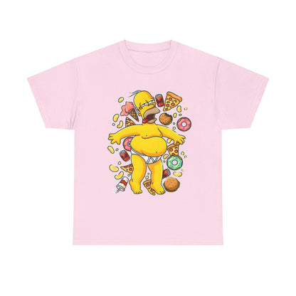 Homer's Gluttonous Glory Unisex Cotton Tee Graphic T Shirt in pink, featuring a cartoonish depiction of Homer Simpson surrounded by an array of delightful snacks including pizza, donuts, and ice cream.