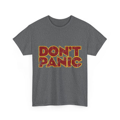 Luxury Don't Panic Hitch Hikers Guide Graphic T-Shirt in grey, showcasing a vibrant graphic text design ideal for urban fashion enthusiasts.