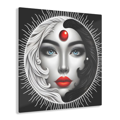 Artful Expressions Yin-Yang Acrylic Print featuring a stylised woman's face framed by flowing black and white lines, symbolising harmony and balance, perfect for luxurious modern decor.