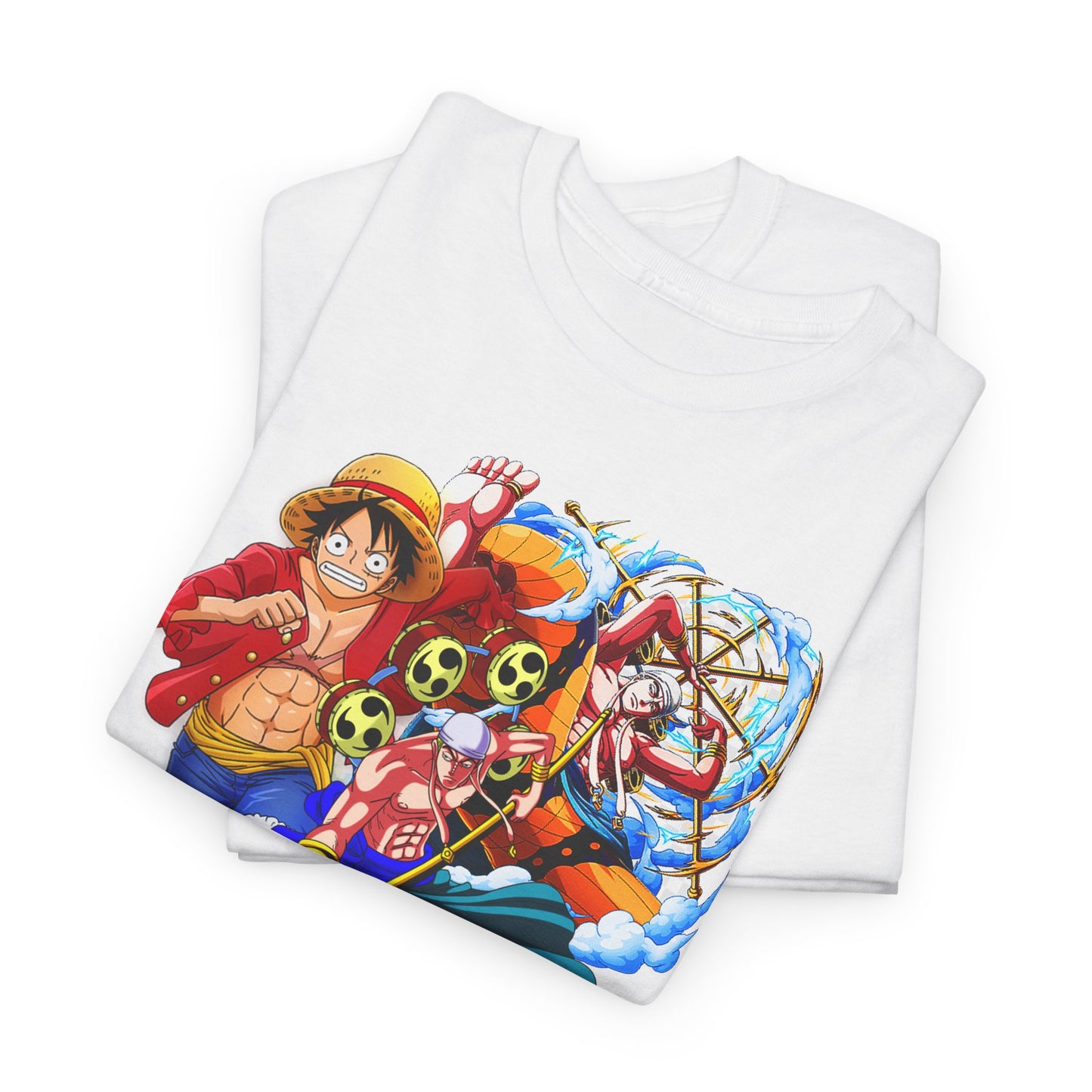 Sophisticated display of neatly folded white t-shirts, showcasing eye-catching anime designs, perfect for collectors and fashion enthusiasts.