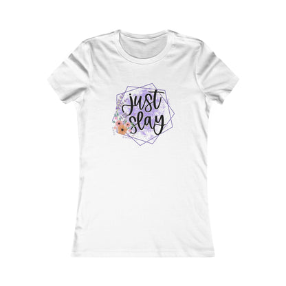 Elegant white t-shirt featuring a floral 'Just Slay' design with a geometric frame. Perfect blend of inspiration and style.