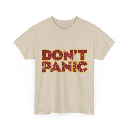 Refined Dont Panic Hitch Hikers Guide Graphic T-Shirt in a soft beige, merging high-quality cotton with a playful homage to sci-fi lore.