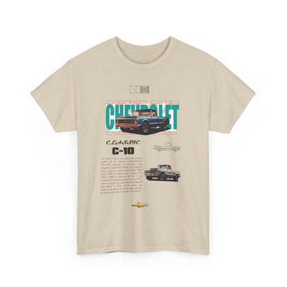 Front view of a beige Chevrolet C-10 T-Shirt, featuring a vintage-inspired graphic design celebrating the iconic pickup truck.